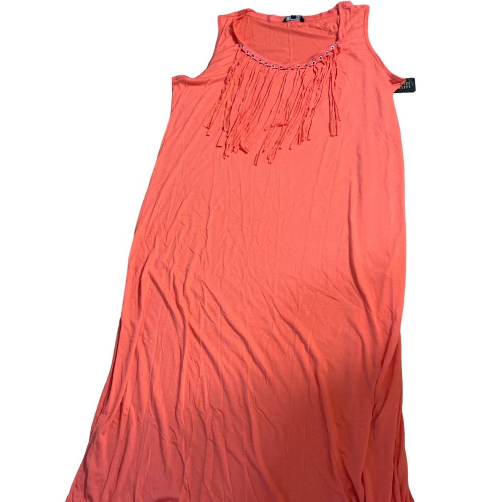 Just Love Womens Maxi Dress Fringe Detail at Front Collar Coral Orange Sz 3X NWT